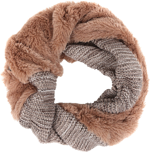 Sakkas Sele Short Two Textured Faux Fur Ribbed Knit Mixed Designed Infinity Scarf#color_Beige