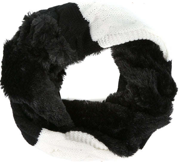 Sakkas Maye short Two Sided Faux Fur Multi Colored Bolcked Wrap Infinity Scarf#color_Black/White