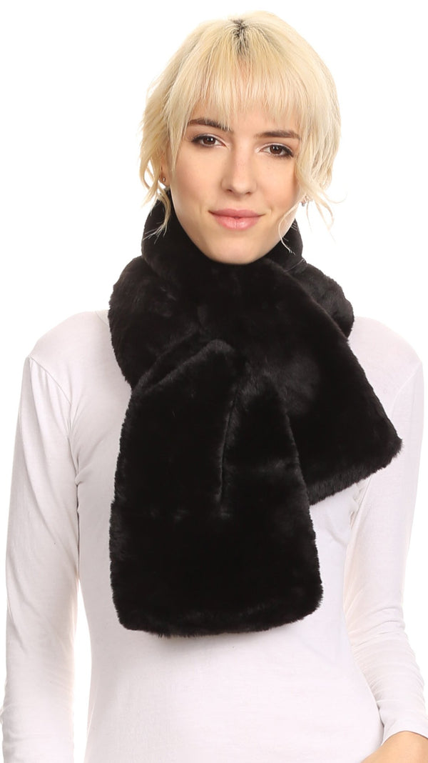 Sakkas Malen Long Rectangle Faux Fur Warm Soft Furry Wrap Around Loophole Scarf#color_Black