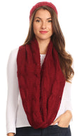 Sakkas Olliey Long Wide Classic Cable Knit Fur Lined Infinity Scarf And Hat Set#color_Burgundy
