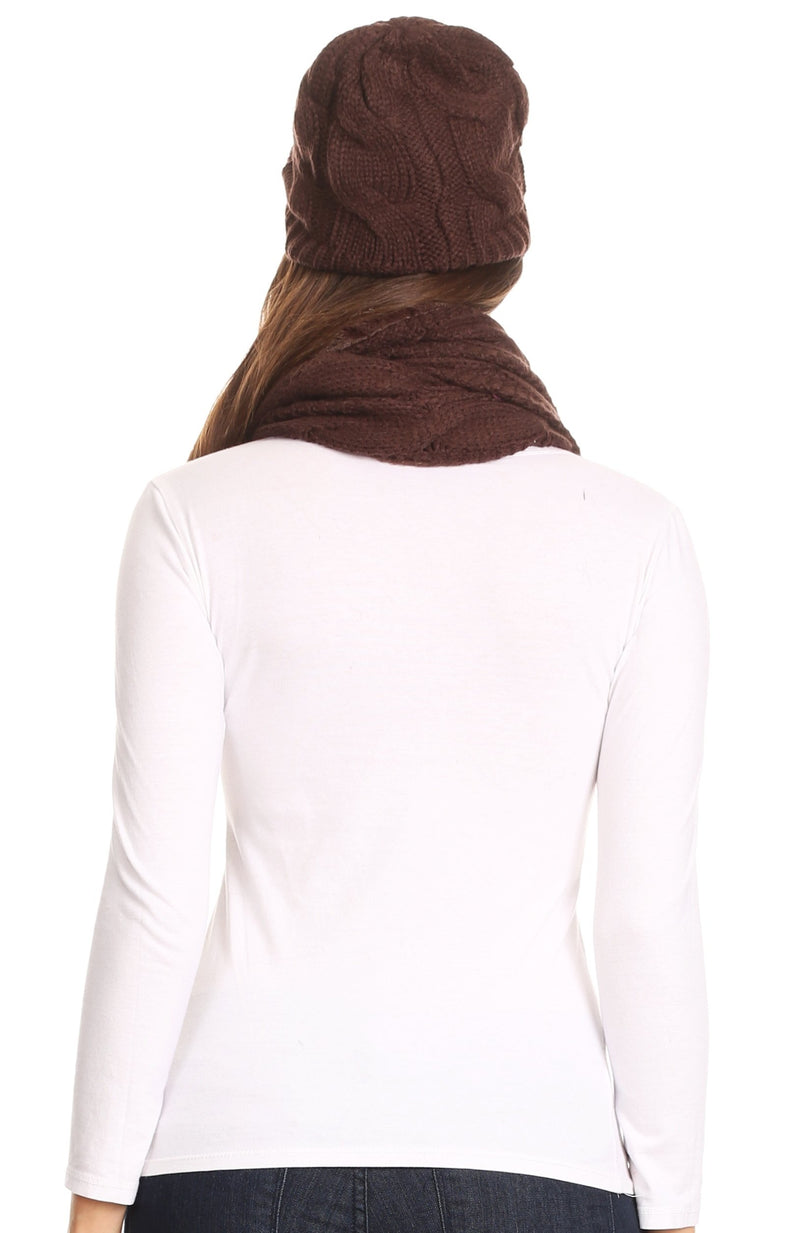 Sakkas Olliey Long Wide Classic Cable Knit Fur Lined Infinity Scarf And Hat Set