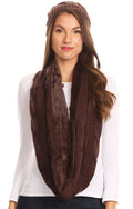 Sakkas Olliey Long Wide Classic Cable Knit Fur Lined Infinity Scarf And Hat Set#color_Chocolate