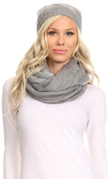 Sakkas Olliey Long Wide Classic Cable Knit Fur Lined Infinity Scarf And Hat Set#color_Grey