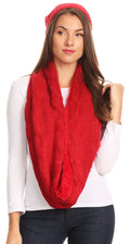 Sakkas Olliey Long Wide Classic Cable Knit Fur Lined Infinity Scarf And Hat Set#color_Red