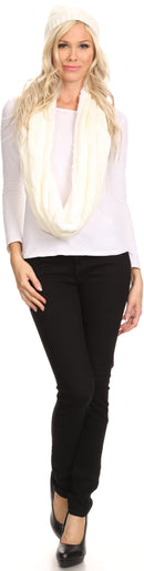 Sakkas Olliey Long Wide Classic Cable Knit Fur Lined Infinity Scarf And Hat Set