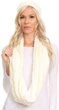 Sakkas Olliey Long Wide Classic Cable Knit Fur Lined Infinity Scarf And Hat Set#color_White