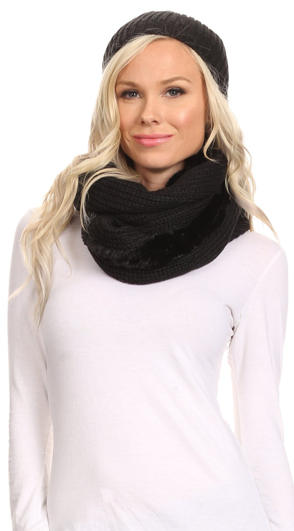 Sakkas Balencia Cool Girl Long Wide Soft Fur Lined Infinity Scarf Beanie Hat Set#color_Black