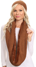 Sakkas Balencia Cool Girl Long Wide Soft Fur Lined Infinity Scarf Beanie Hat Set#color_Brown