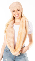Sakkas Balencia Cool Girl Long Wide Soft Fur Lined Infinity Scarf Beanie Hat Set#color_Camel