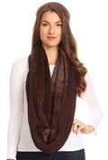 Sakkas Balencia Cool Girl Long Wide Soft Fur Lined Infinity Scarf Beanie Hat Set#color_Chocolate