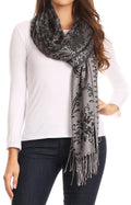 Sakkas Luna Reversible Tile Brocade Scarf Shawl Wrap Stole Soft and Warm#color_Black