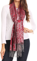 Sakkas Luna Reversible Tile Brocade Scarf Shawl Wrap Stole Soft and Warm#color_Burgundy