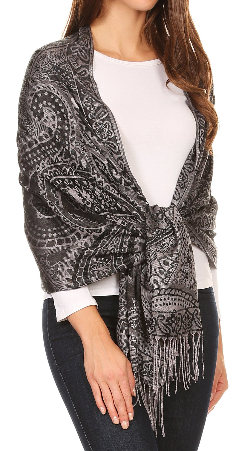 Sakkas Maelle Reversible Brocade Silky Soft Warm Scarf Shawl Wrap Stole w/ Fringe