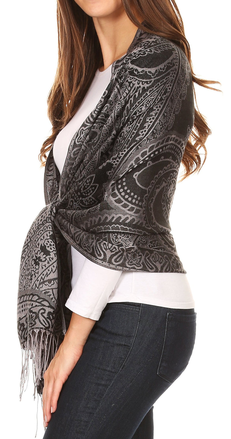 Sakkas Maelle Reversible Brocade Silky Soft Warm Scarf Shawl Wrap Stole w/ Fringe