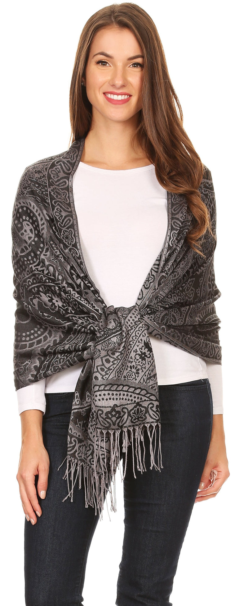Sakkas Maelle Reversible Brocade Silky Soft Warm Scarf Shawl Wrap Stole w/ Fringe