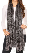 Sakkas Maelle Reversible Brocade Silky Soft Warm Scarf Shawl Wrap Stole w/ Fringe#color_Black