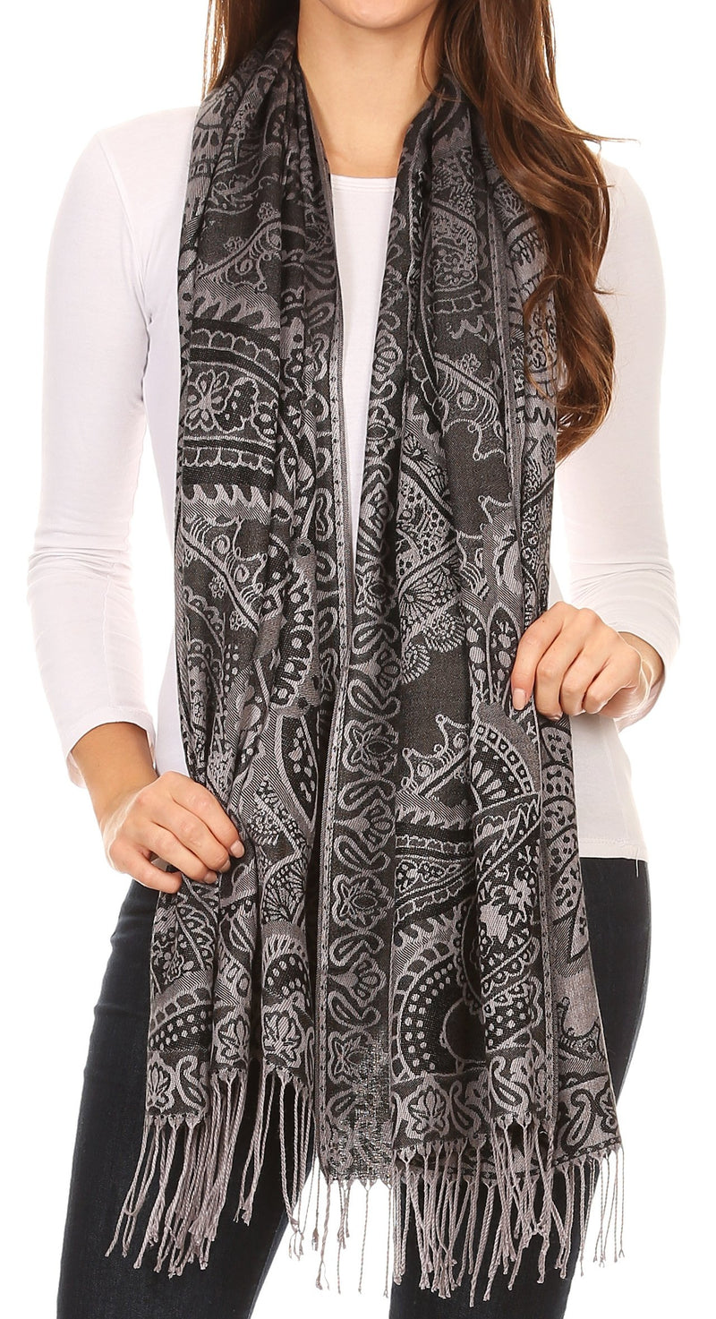 Sakkas Maelle Reversible Brocade Silky Soft Warm Scarf Shawl Wrap Stole w/ Fringe