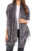 Sakkas Maelle Reversible Brocade Silky Soft Warm Scarf Shawl Wrap Stole w/ Fringe#color_Blue