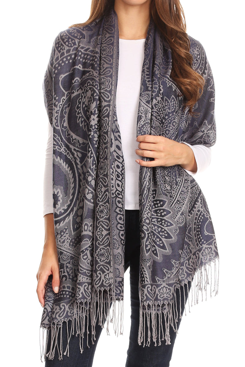Sakkas Maelle Reversible Brocade Silky Soft Warm Scarf Shawl Wrap Stole w/ Fringe
