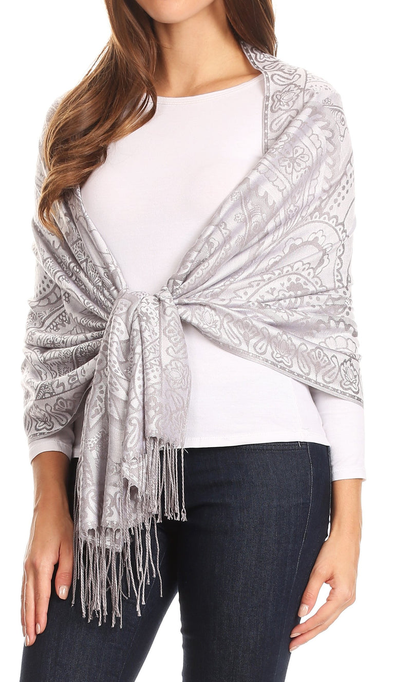 Sakkas Maelle Reversible Brocade Silky Soft Warm Scarf Shawl Wrap Stole w/ Fringe