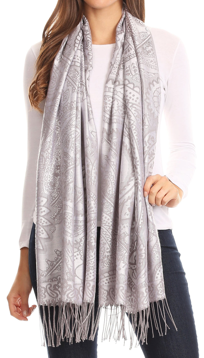 Sakkas Maelle Reversible Brocade Silky Soft Warm Scarf Shawl Wrap Stole w/ Fringe