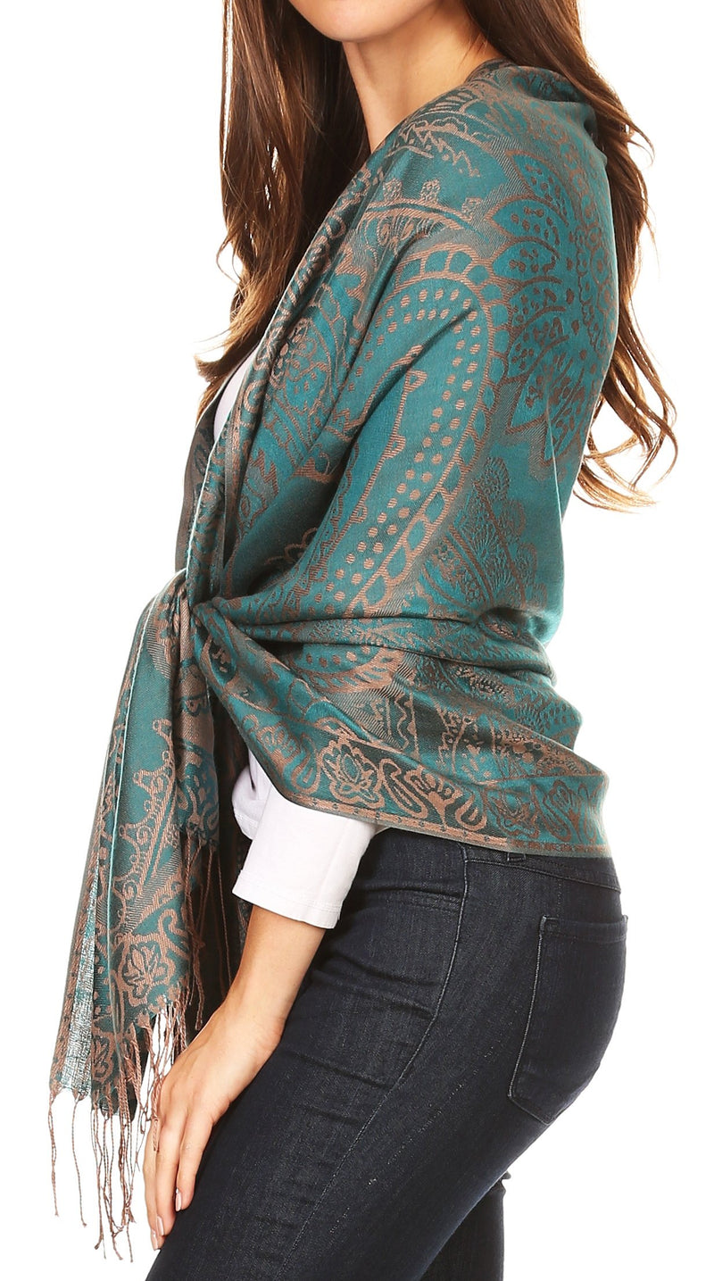 Sakkas Maelle Reversible Brocade Silky Soft Warm Scarf Shawl Wrap Stole w/ Fringe