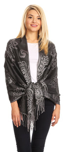 Sakkas Sarah Reversible Silky Soft Brocade Scarf Shawl Stole with Fringe