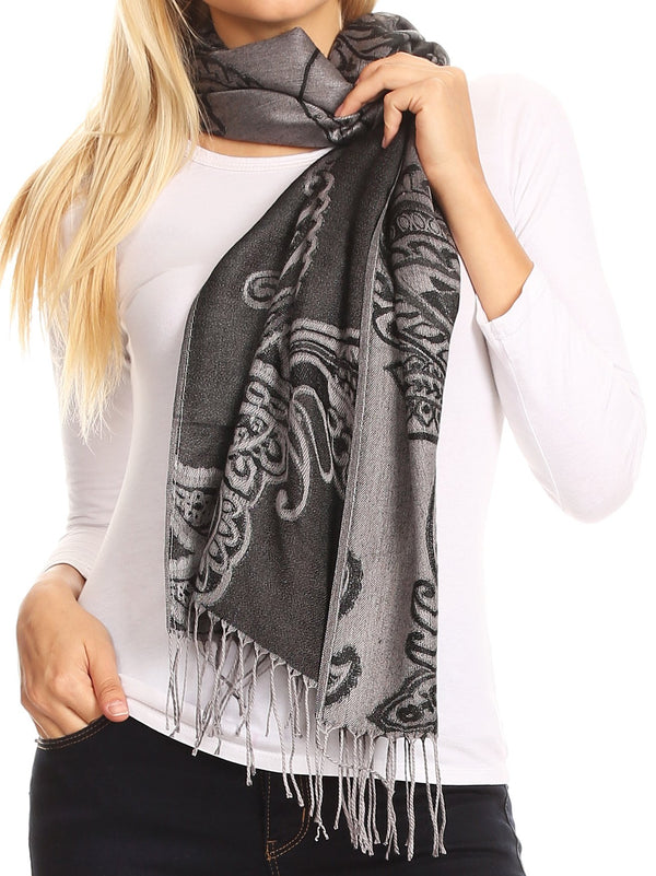 Sakkas Sarah Reversible Silky Soft Brocade Scarf Shawl Stole with Fringe#color_Black