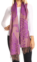 Sakkas Sarah Reversible Silky Soft Brocade Scarf Shawl Stole with Fringe#color_Purple