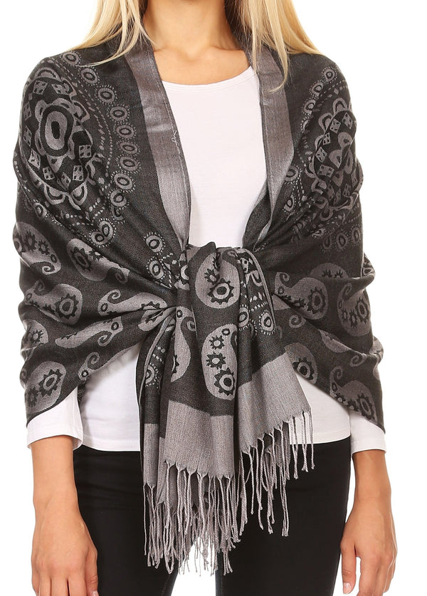 Sakkas Mia Reversible Brocade Paisley Scarf Wrap Shawl Soft and Light #color_Black