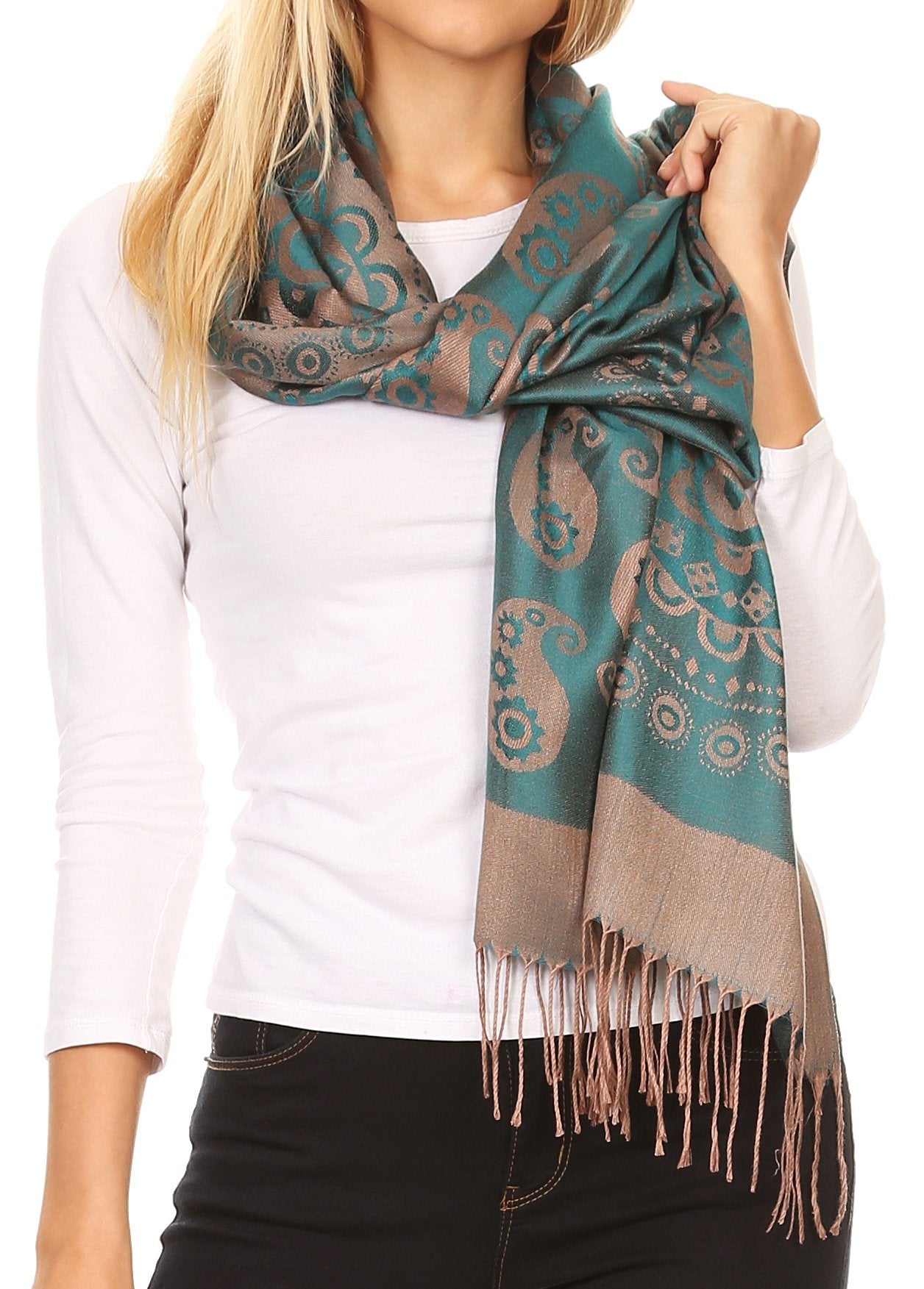 Sciarpa Reversibile Sakkas Mia – Paisley Broccato – Morbida E Leggera – 198x71 Cm (con Frange)