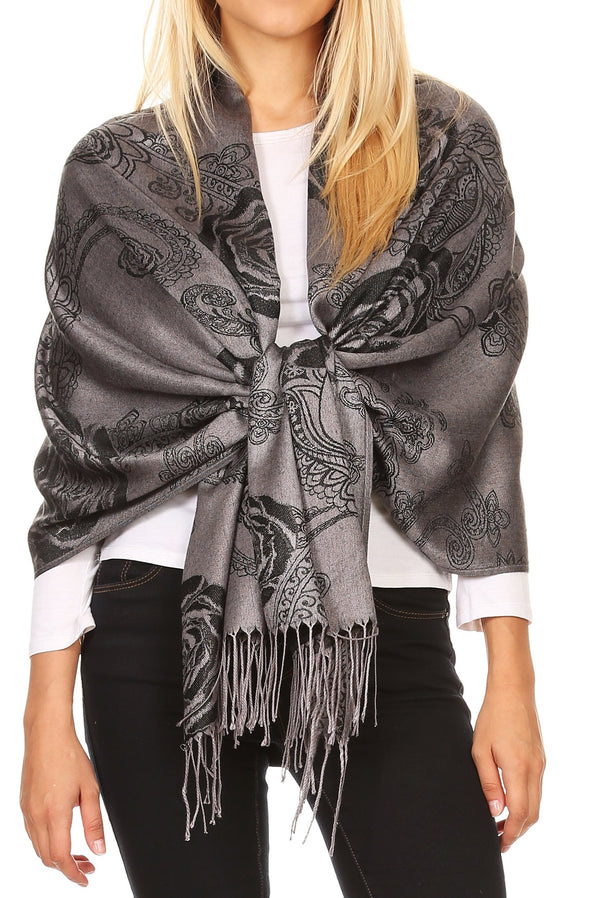 Sakkas Tessa Reversible Rose Brocade Warm Soft Scarf Wrap Stole with Fringe#color_Black