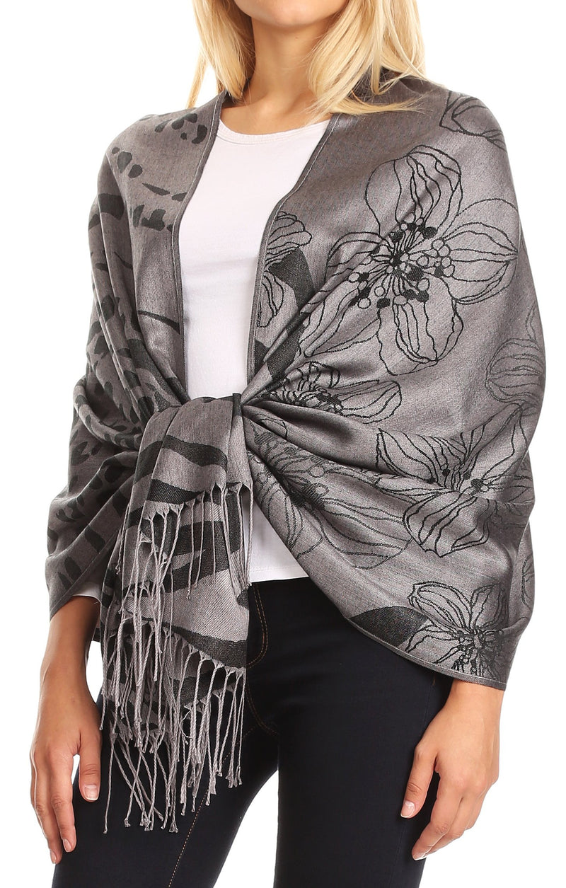 Sakkas Salome  Reversible Silky soft Wrap Shawl Scarf with Lovely Floral Brocade