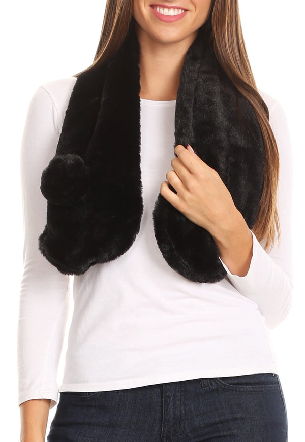 Sakkas Elise Faux Fur Mink Soft Warm Scarf with Pom-Pom#color_Black