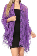 Sakkas Mari Women's Large Lightweight Soft Lace Scarf Wrap Shawl Floral and Fringe#color_RosePurple