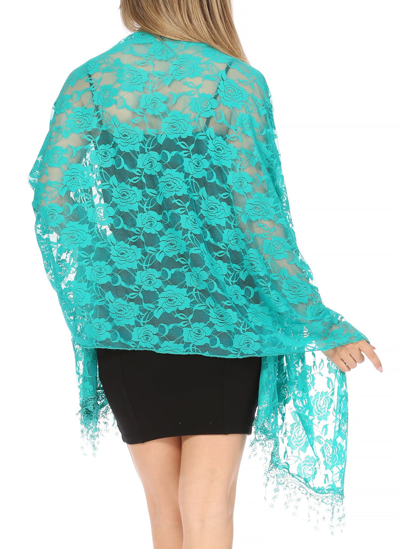 Sakkas Mari Women's Large Lightweight Soft Lace Scarf Wrap Shawl Floral and Fringe