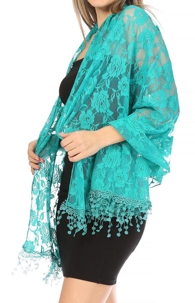 Sakkas Mari Women's Large Lightweight Soft Lace Scarf Wrap Shawl Floral and Fringe