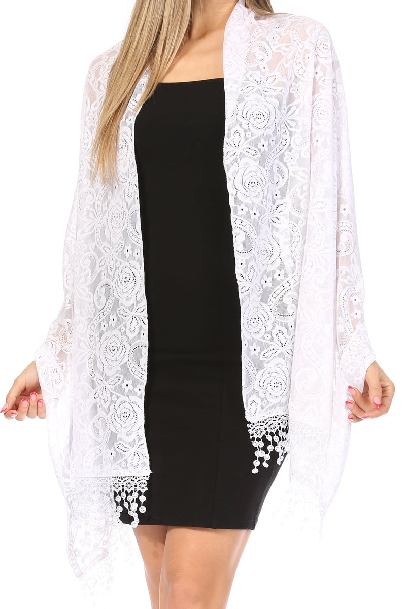 Sakkas Mari Women's Large Lightweight Soft Lace Scarf Wrap Shawl Floral and Fringe