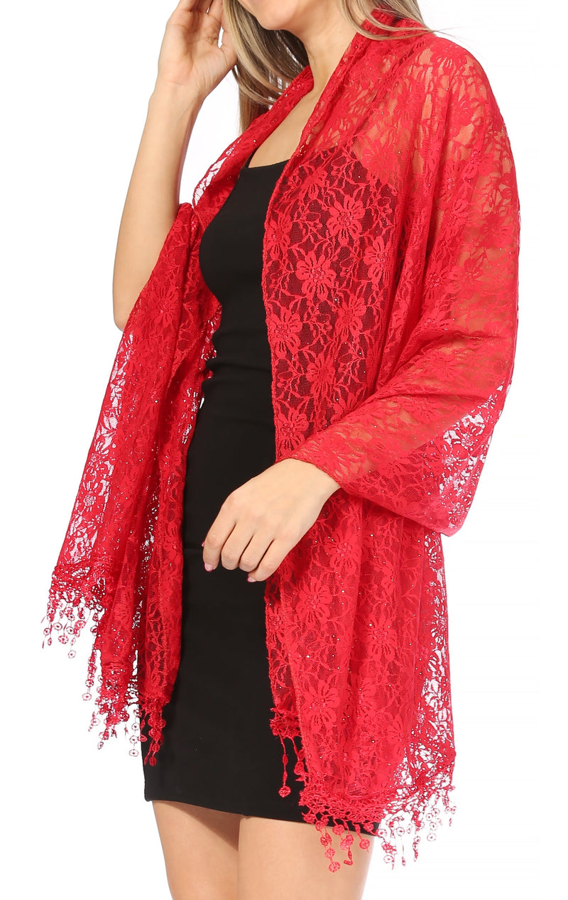 Sakkas Mari Women's Large Lightweight Soft Lace Scarf Wrap Shawl Floral and Fringe