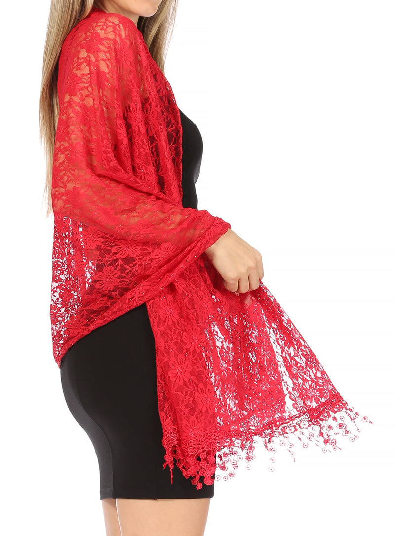 Sakkas Mari Women's Large Lightweight Soft Lace Scarf Wrap Shawl Floral and Fringe