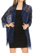 Sakkas Mari Women's Large Lightweight Soft Lace Scarf Wrap Shawl Floral and Fringe#color_Style2-Navy
