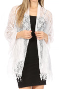 Sakkas Mari Women's Large Lightweight Soft Lace Scarf Wrap Shawl Floral and Fringe#color_Style2-White