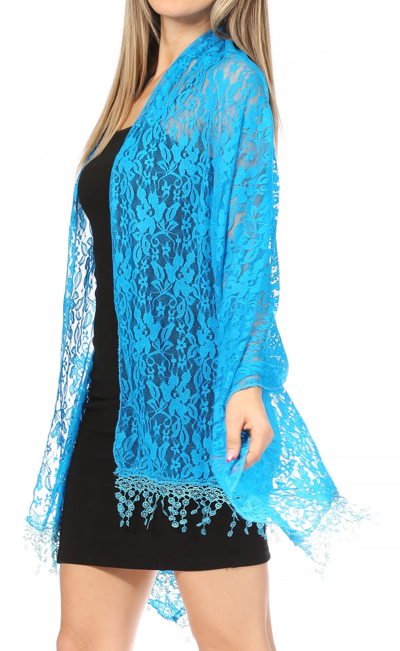 Sakkas Mari Women's Large Lightweight Soft Lace Scarf Wrap Shawl Floral and Fringe