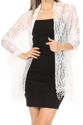 Sakkas Mari Women's Large Lightweight Soft Lace Scarf Wrap Shawl Floral and Fringe#color_Style3-White