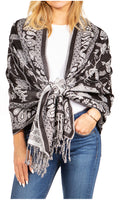 Sakkas Gianna Women's Silky Soft Reversible Floral Woven Pashmina Scarf Shawl Wrap#color_23-D1-BlackWhite