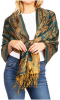 Sakkas Gianna Women's Silky Soft Reversible Floral Woven Pashmina Scarf Shawl Wrap#color_23-D1-Teal