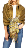 Sakkas Gianna Women's Silky Soft Reversible Floral Woven Pashmina Scarf Shawl Wrap#color_23-D2-Olive