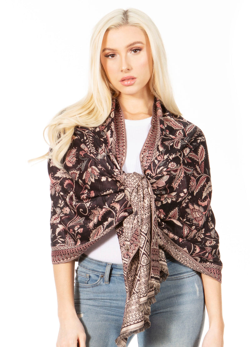 Sakkas Gianna Women's Silky Soft Reversible Floral Woven Pashmina Scarf Shawl Wrap