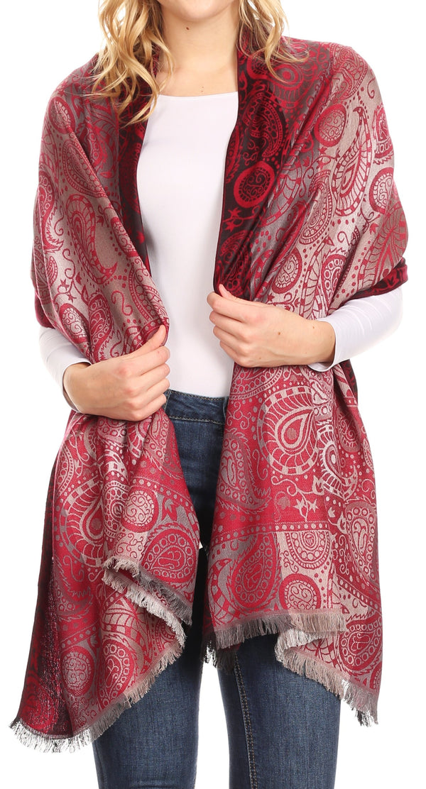 Sakkas Marga Women's Silky Soft Reversible Paisley Woven Pashmina Scarf Shawl Wrap#color_Burgundy