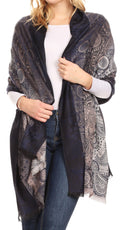 Sakkas Marga Women's Silky Soft Reversible Paisley Woven Pashmina Scarf Shawl Wrap#color_Navy